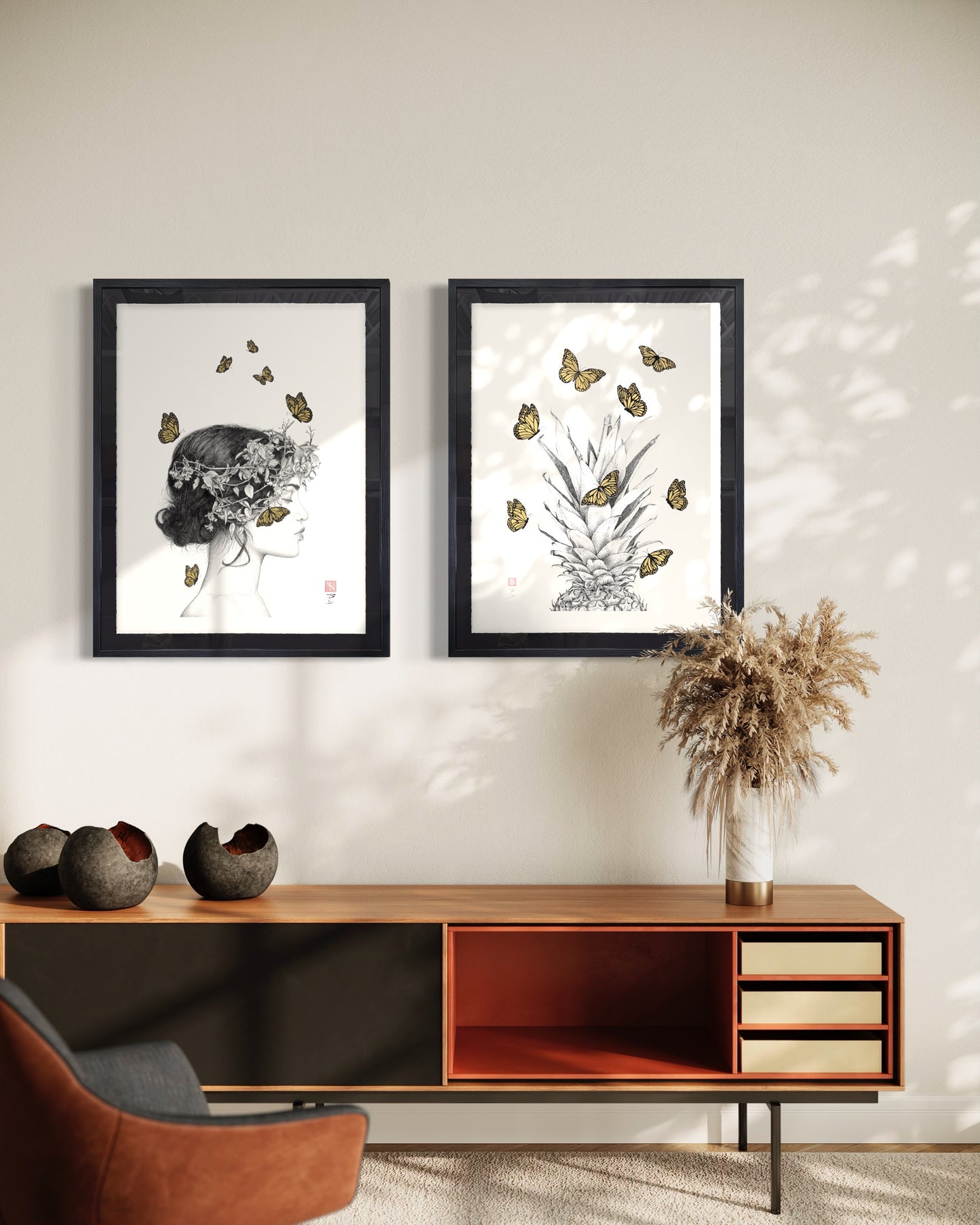Pineapple & Monarchs - Original Framed Artwork