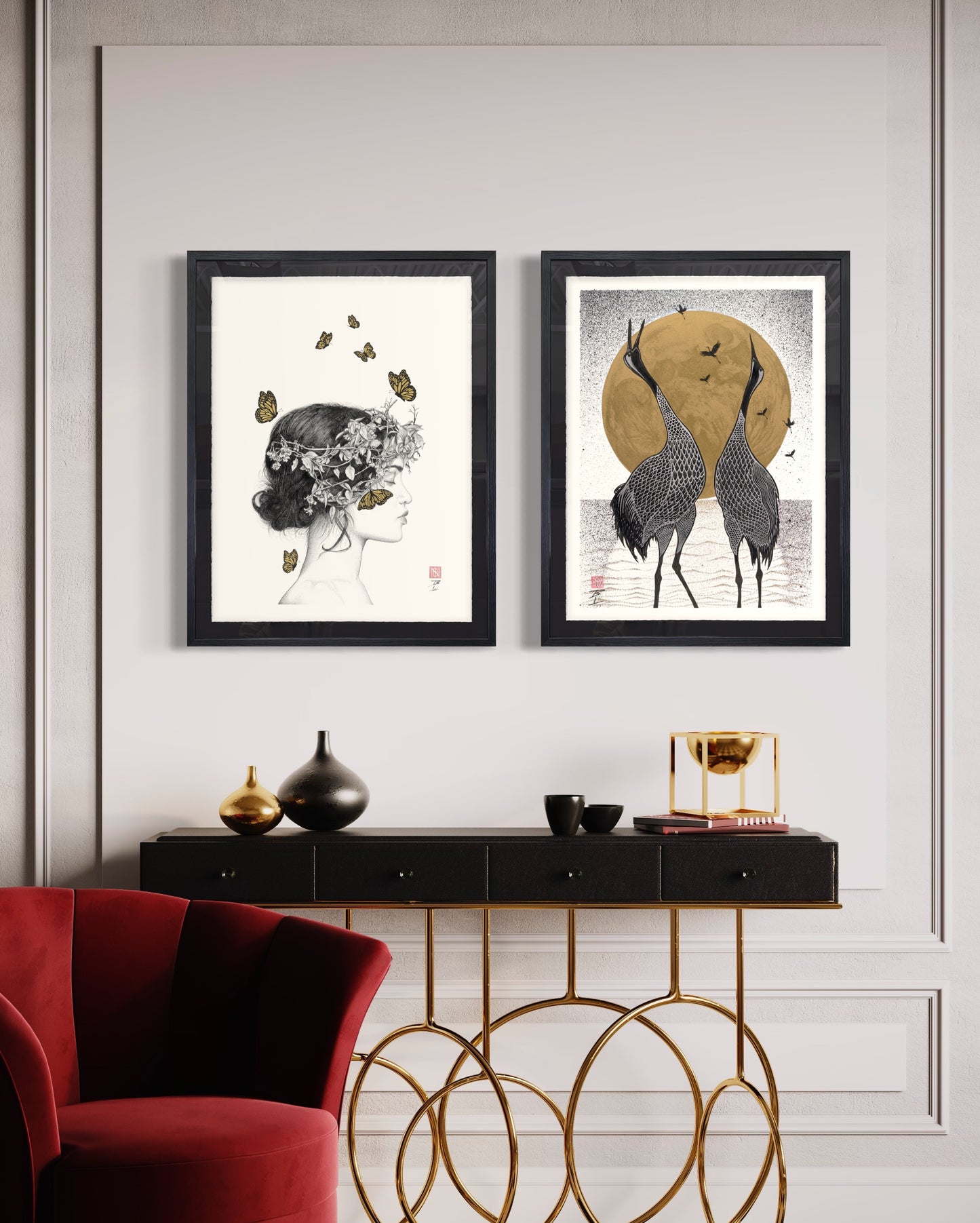 Dancing Cranes - Original Framed Artwork